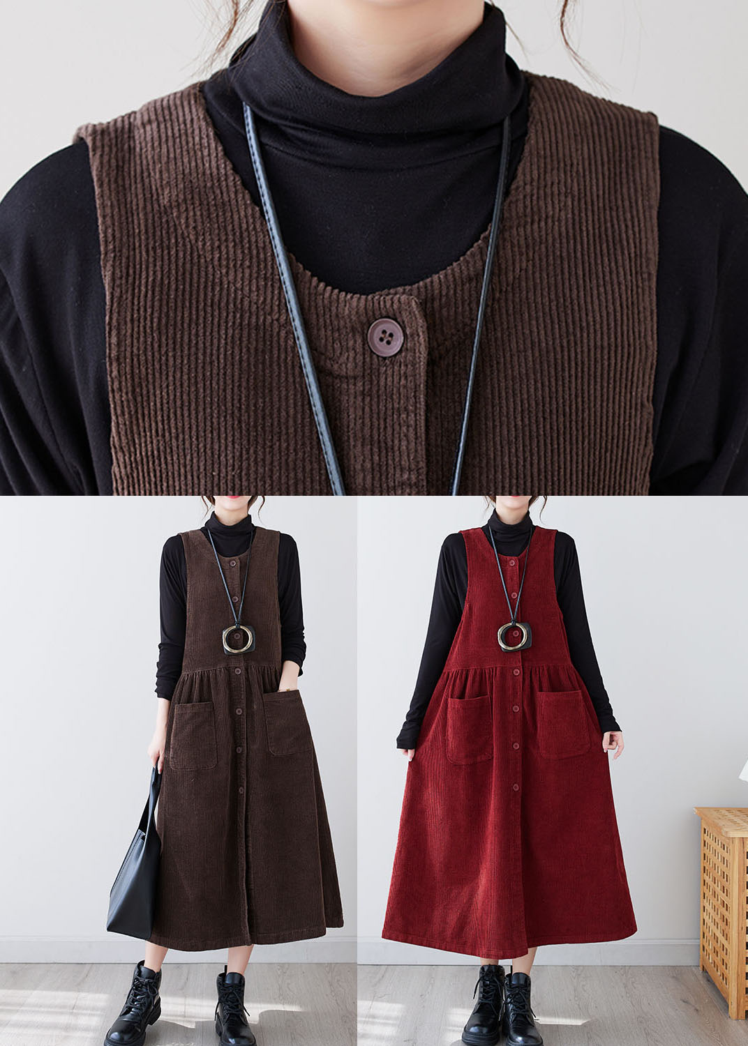 V Neck Sleeveless Corduroy Pinafore Patch Pocket Button Maxi Dress 5