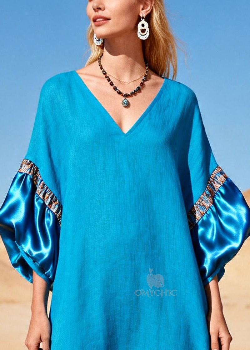 Deep V-Neck Satin Puff Sleeve Panel Trim Linen Kaftan Maxi Dress 2
