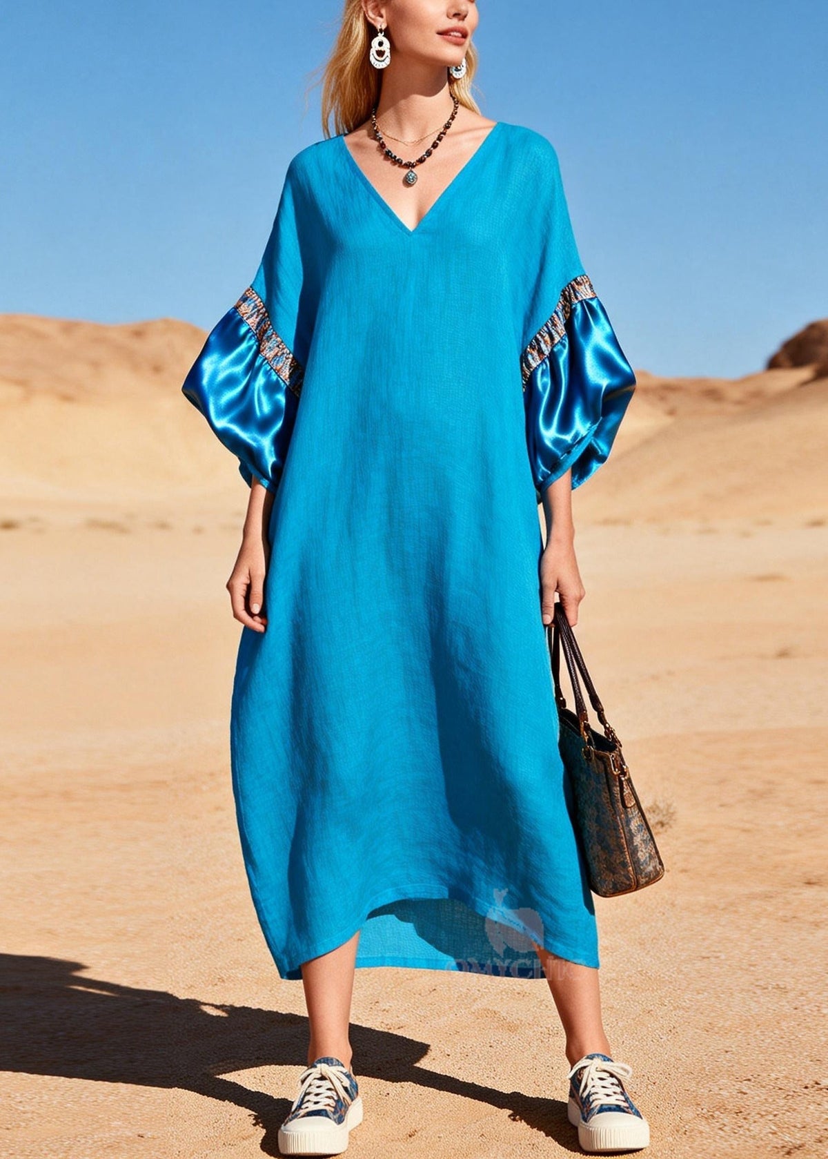 Deep V-Neck Satin Puff Sleeve Panel Trim Linen Kaftan Maxi Dress 3