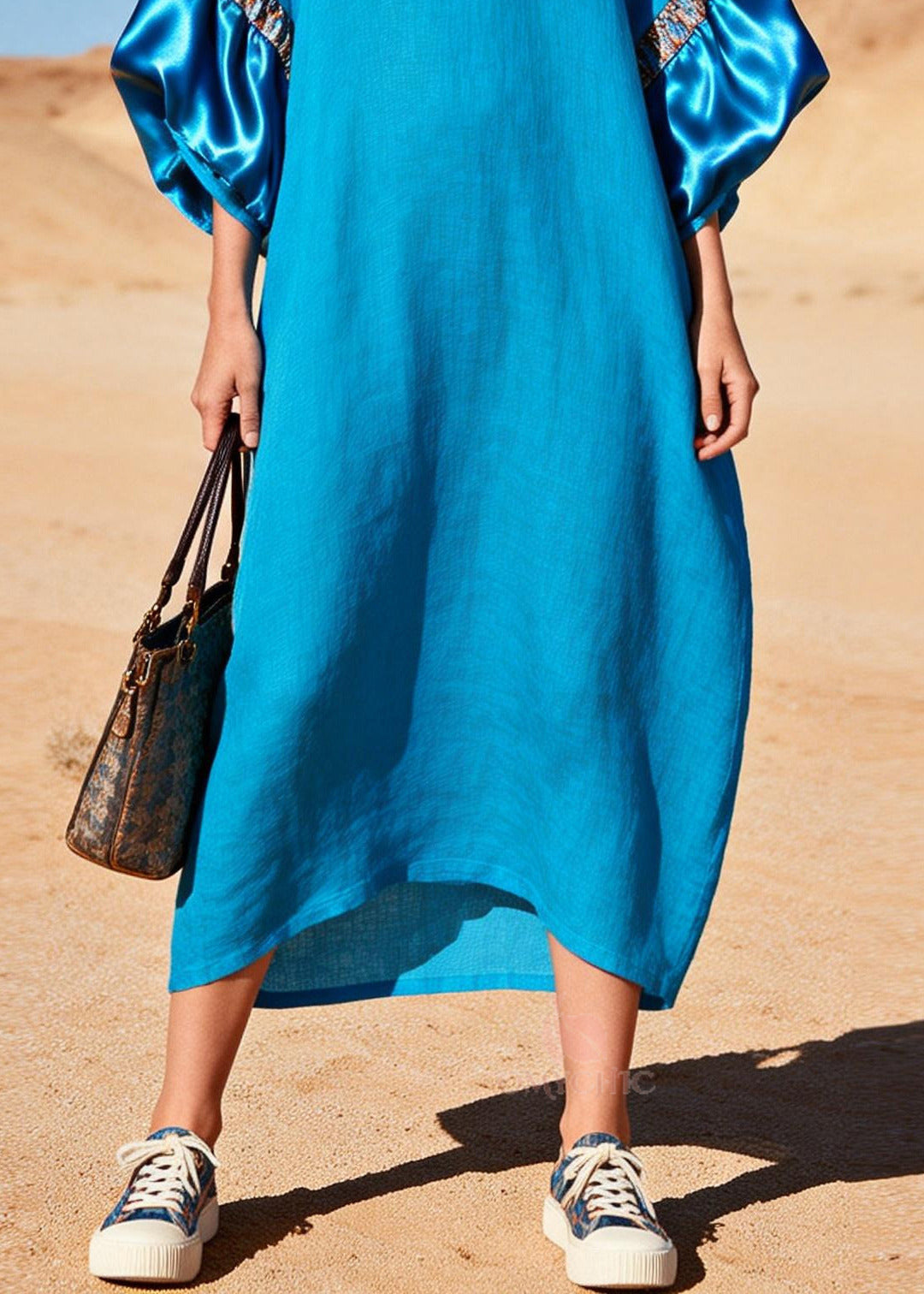 Deep V-Neck Satin Puff Sleeve Panel Trim Linen Kaftan Maxi Dress 4