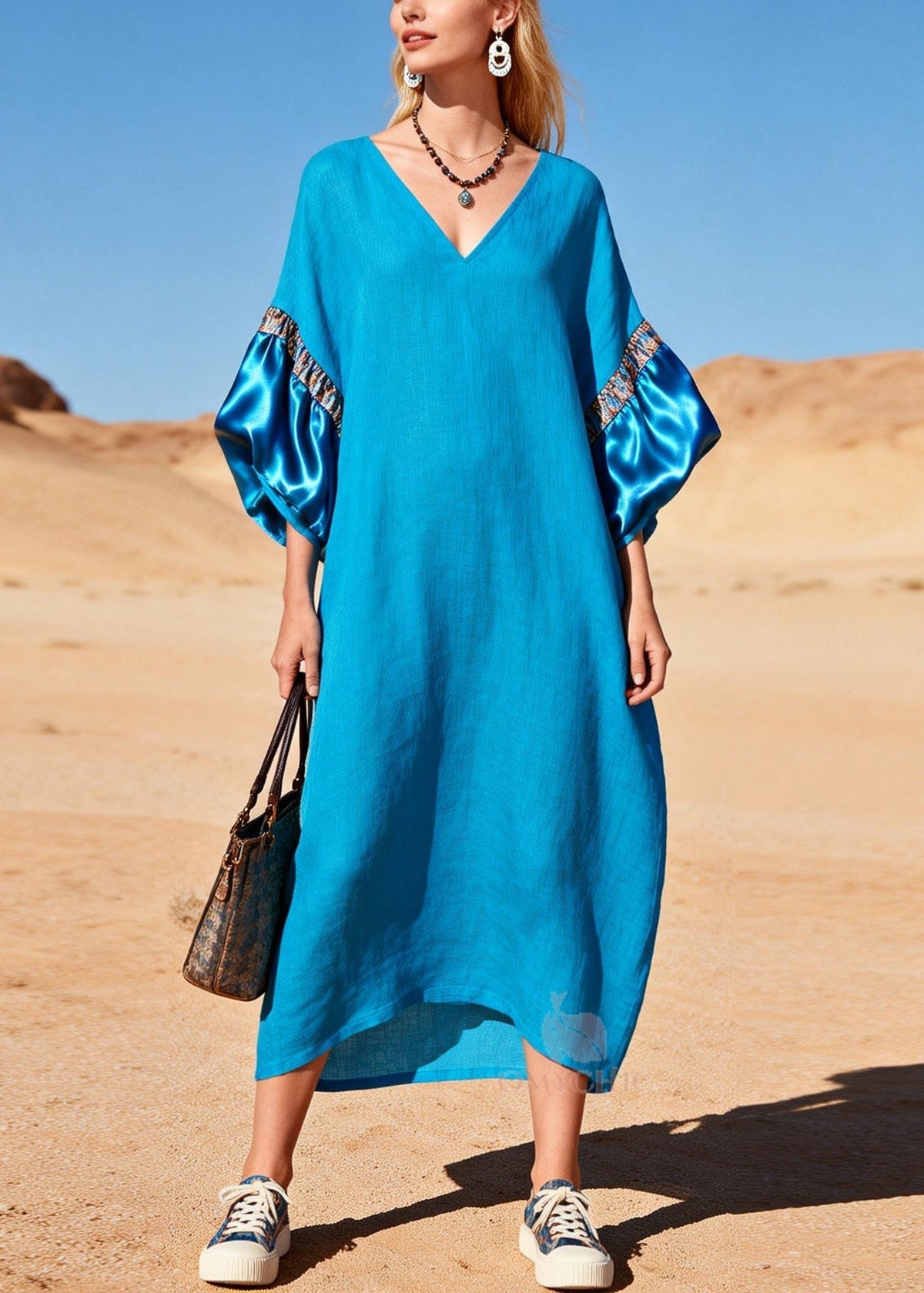 Deep V-Neck Satin Puff Sleeve Panel Trim Linen Kaftan Maxi Dress 5