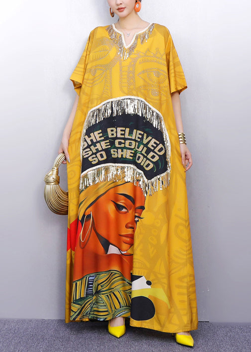 Fringe Trim Quote Graphic Portrait Print Kaftan Maxi Dress