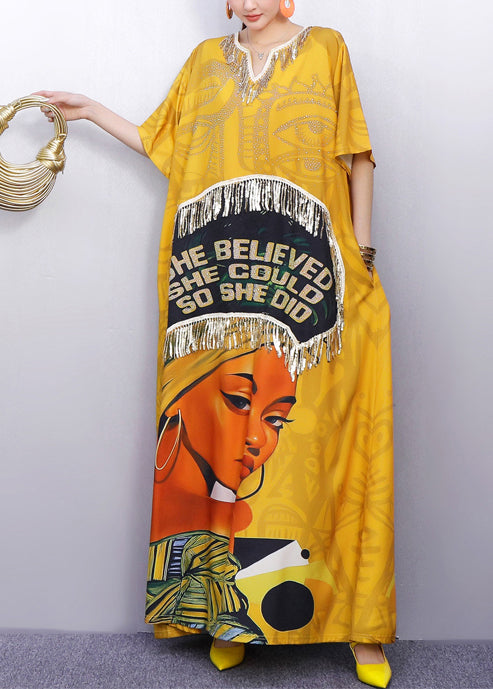 Fringe Trim Quote Graphic Portrait Print Kaftan Maxi Dress 2