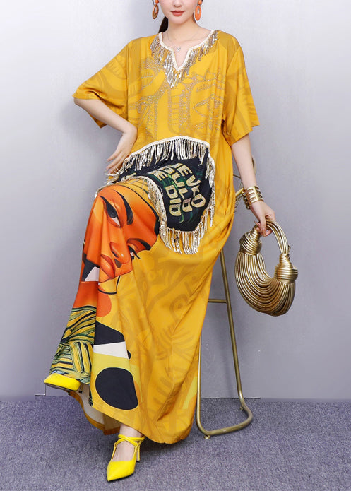 Fringe Trim Quote Graphic Portrait Print Kaftan Maxi Dress 3