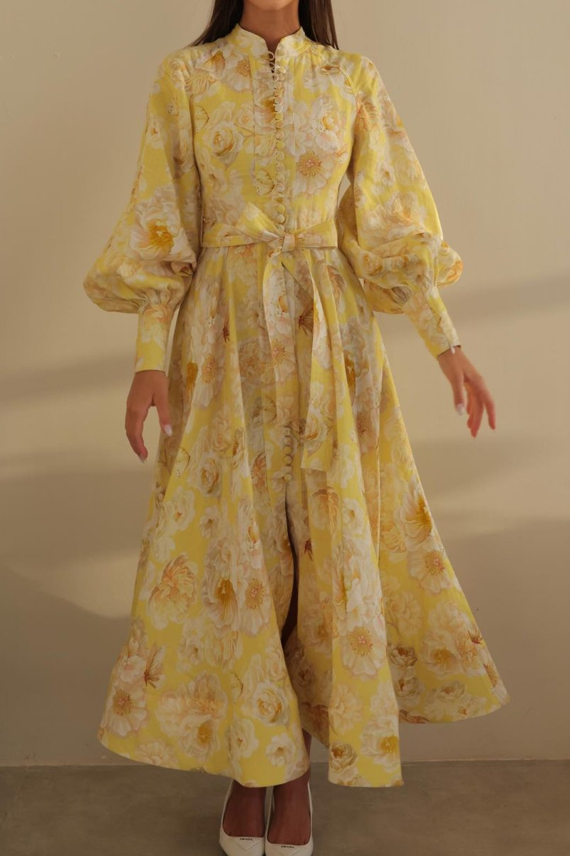Floral Butterfly Print Mandarin Collar Balloon Sleeve Belted Maxi Dress 4