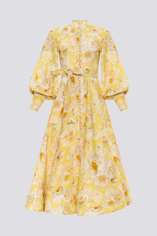 Floral Butterfly Print Mandarin Collar Balloon Sleeve Belted Maxi Dress 2