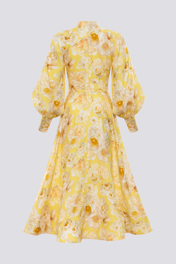 Floral Butterfly Print Mandarin Collar Balloon Sleeve Belted Maxi Dress 3
