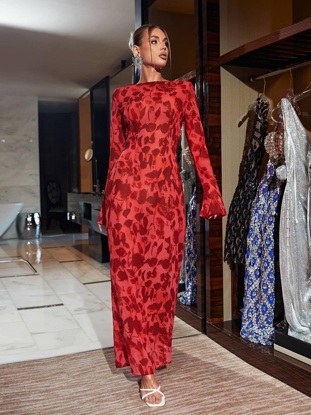 Print Mesh Long Sleeve High Neck Maxi Dress 3