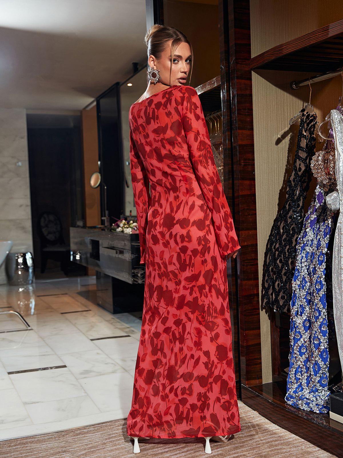 Print Mesh Long Sleeve High Neck Maxi Dress 5