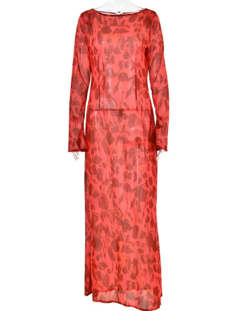 Print Mesh Long Sleeve High Neck Maxi Dress 8