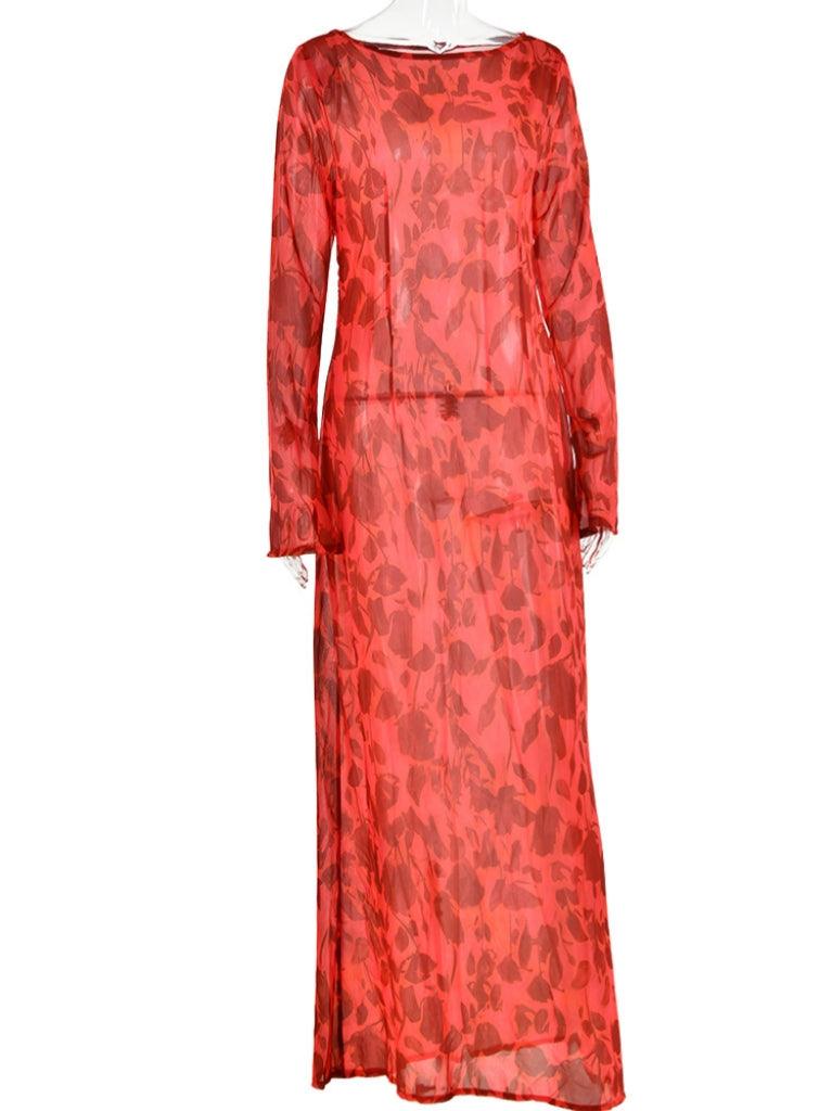 Print Mesh Long Sleeve High Neck Maxi Dress 7