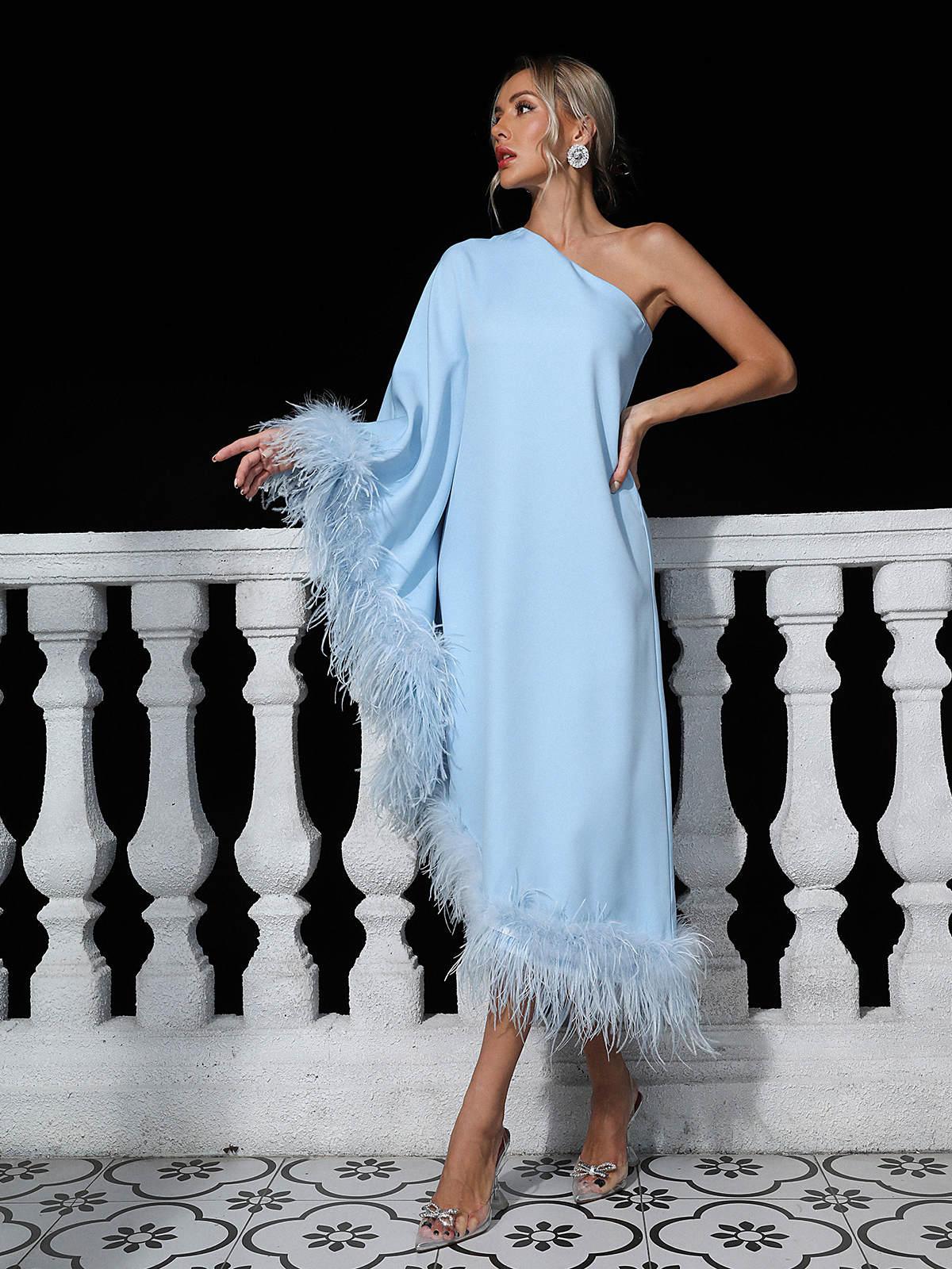 One Shoulder Cape Sleeve Feather Trim Asymmetrical Hem Midi Dress 3