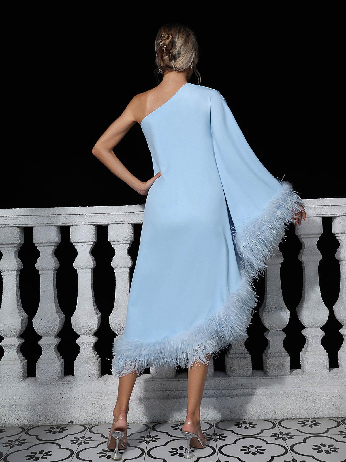 One Shoulder Cape Sleeve Feather Trim Asymmetrical Hem Midi Dress 5
