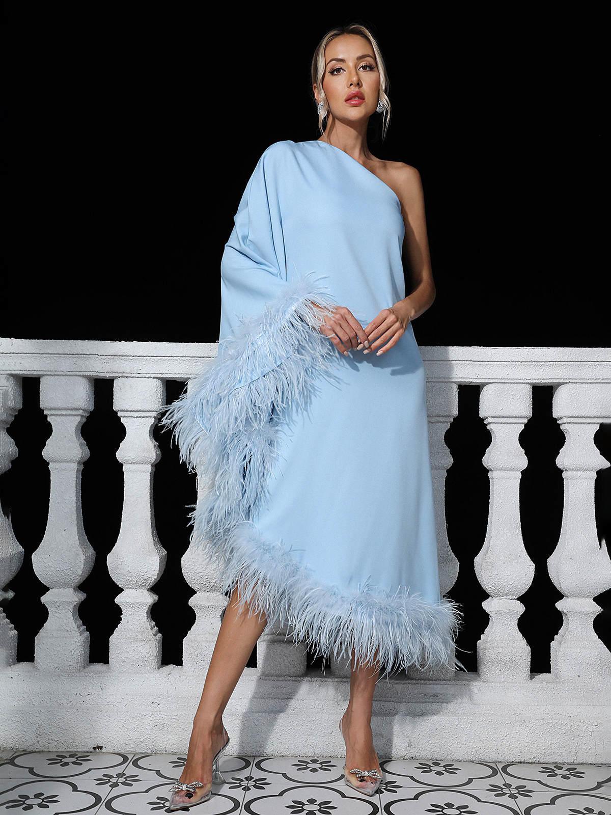 One Shoulder Cape Sleeve Feather Trim Asymmetrical Hem Midi Dress