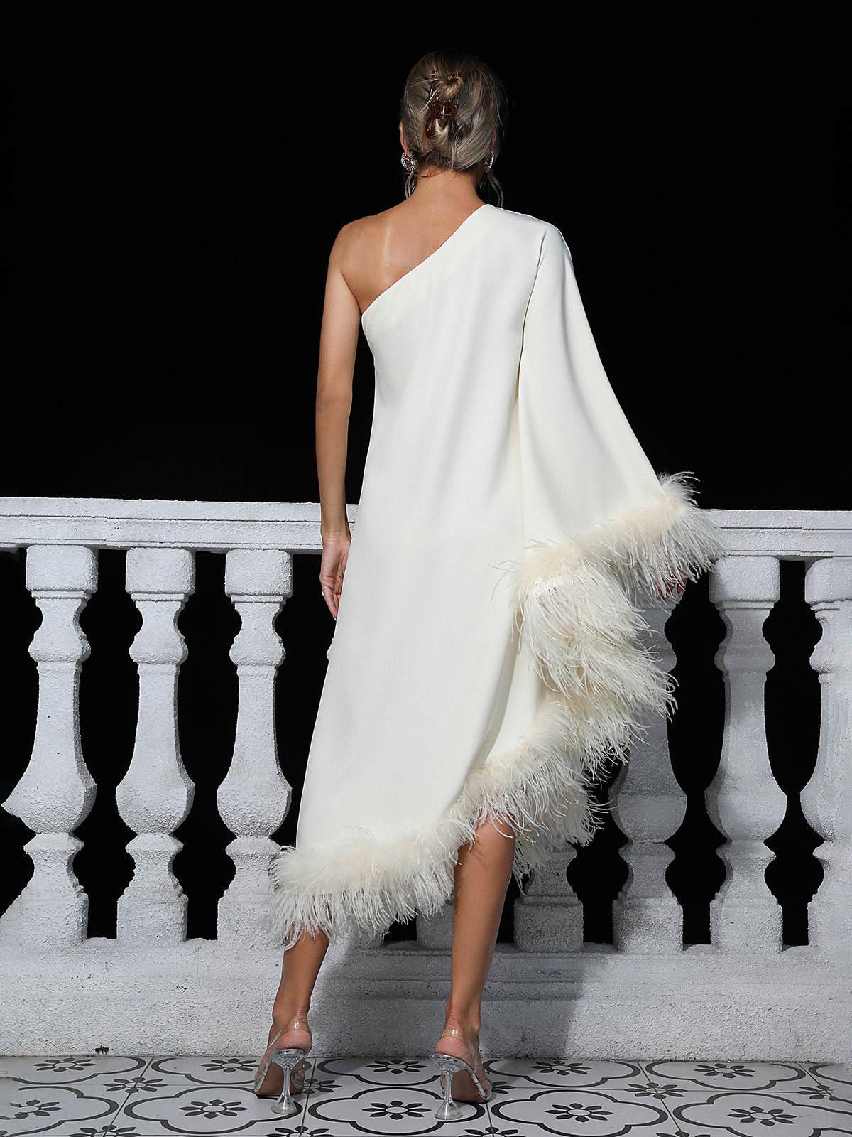 One Shoulder Long Sleeve Asymmetric Feather Trim Midi Dress 5