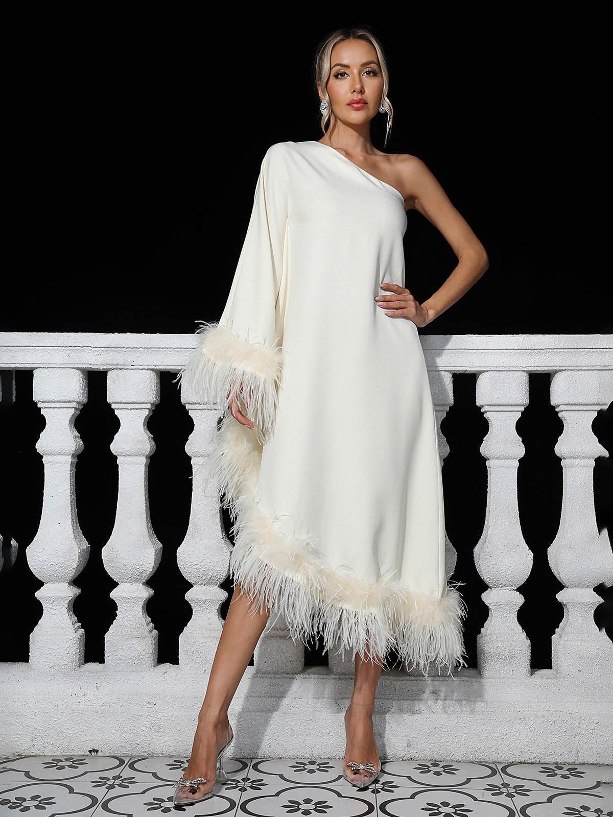 One Shoulder Long Sleeve Asymmetric Feather Trim Midi Dress