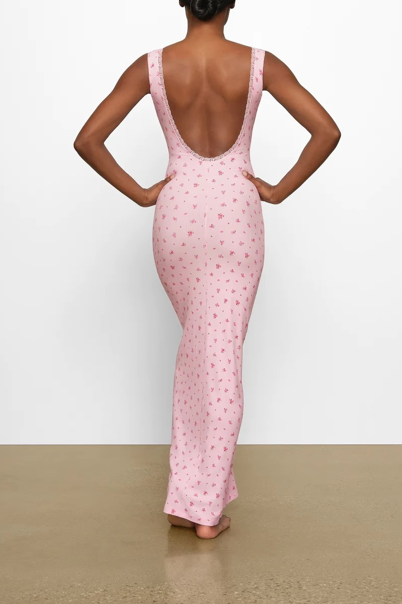 Ditsy Floral Scoop Neck Lace Trim Tank Strap Bodycon Maxi Dress 2