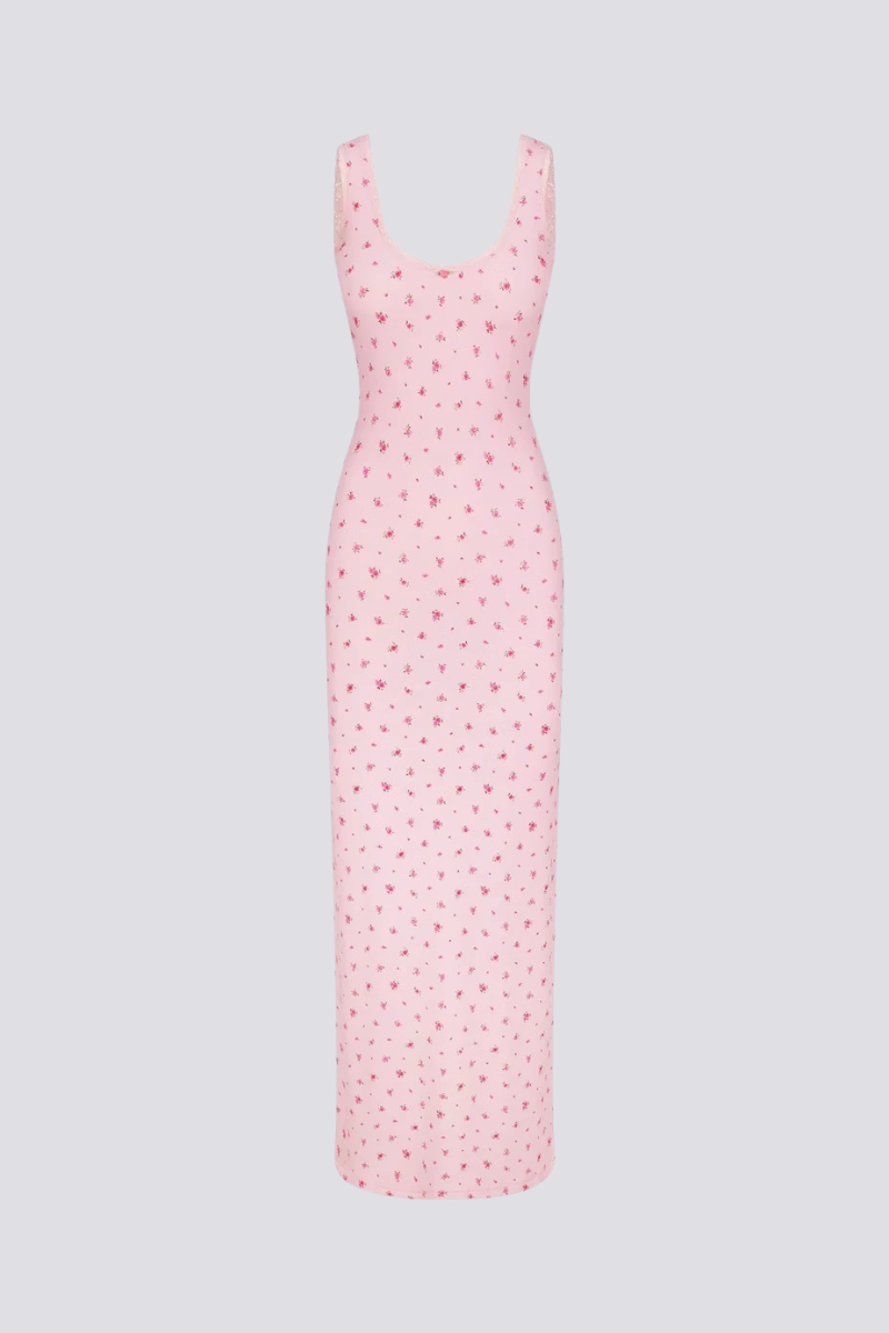 Ditsy Floral Scoop Neck Lace Trim Tank Strap Bodycon Maxi Dress 3