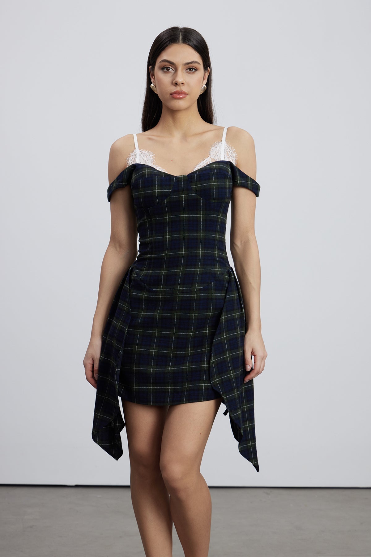 Plaid Bustier Lace Trim Draped Panel Mini Dress