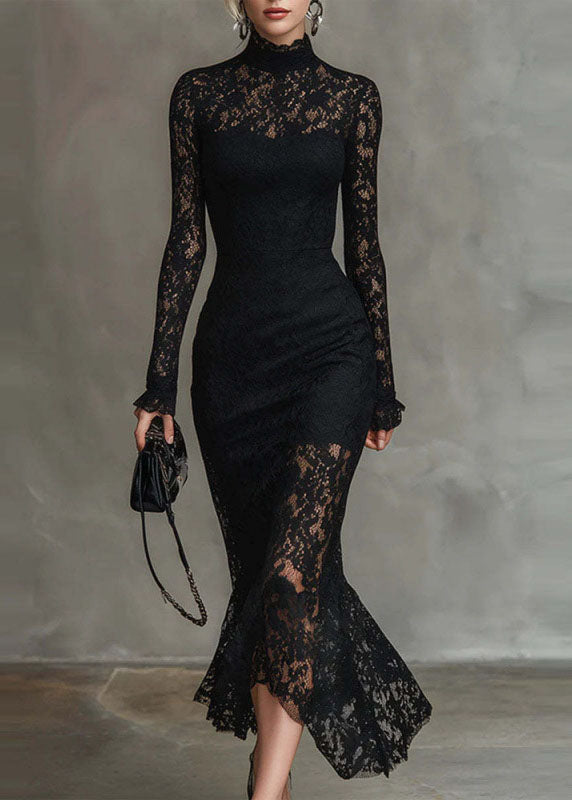 Mock Neck Sheer Yoke Ruffle Cuff Floral Lace Mermaid Midi Gown