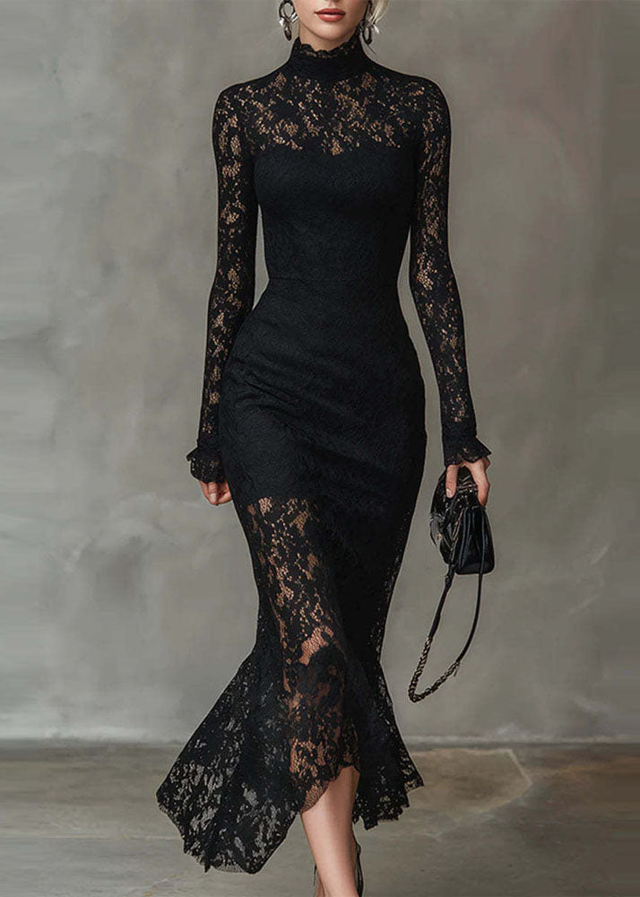 Mock Neck Sheer Yoke Ruffle Cuff Floral Lace Mermaid Midi Gown 3