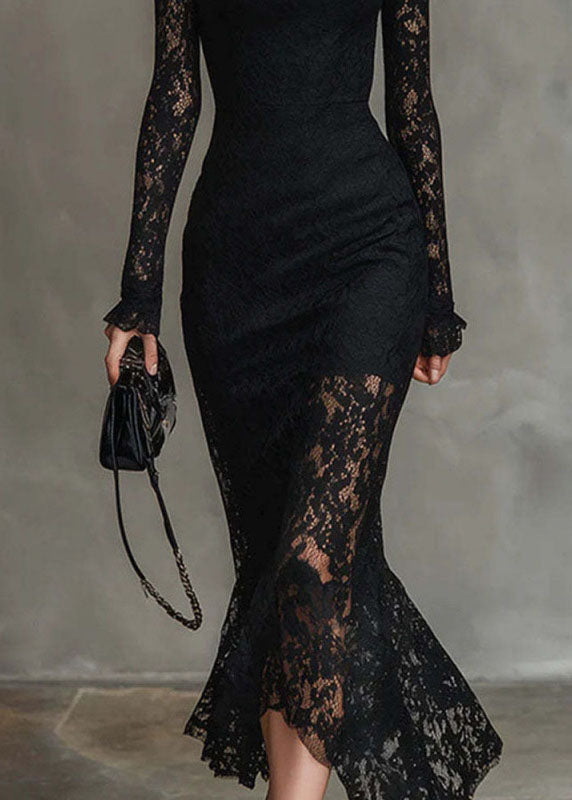 Mock Neck Sheer Yoke Ruffle Cuff Floral Lace Mermaid Midi Gown 4