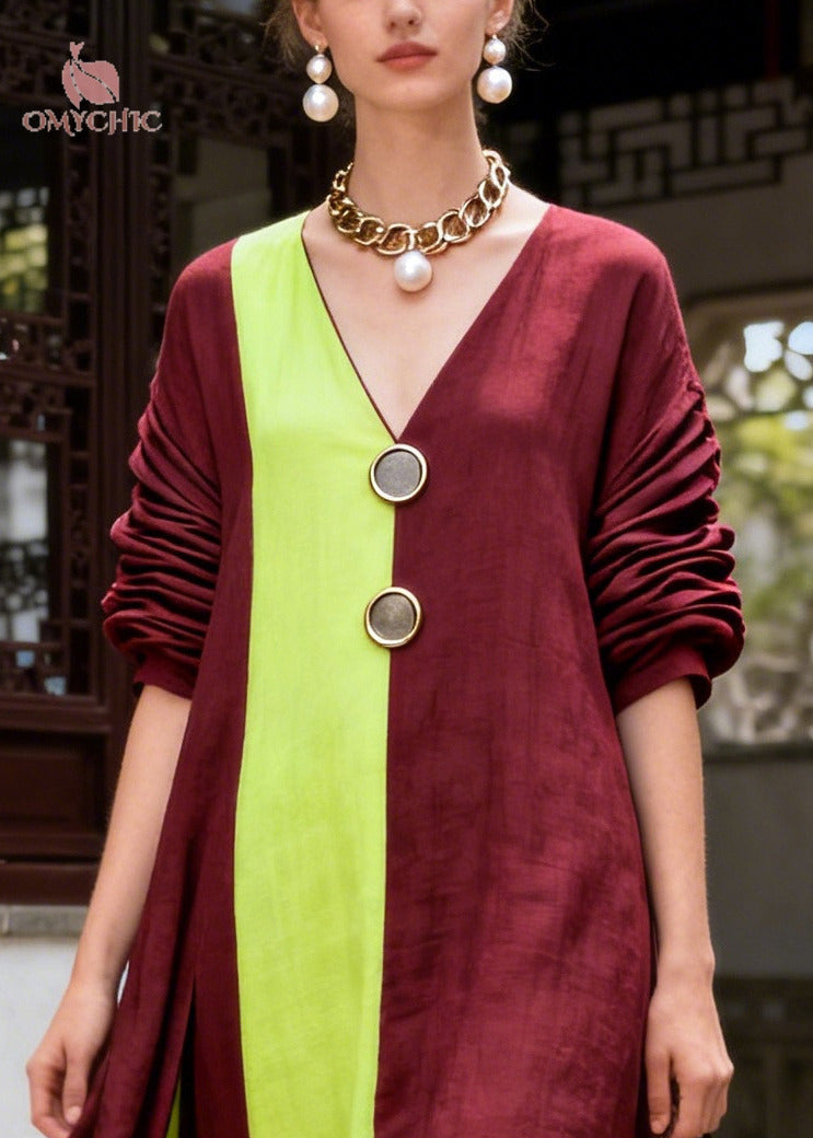 Asymmetrical Patchwork Frog Button Cotton Maxi Dress 2