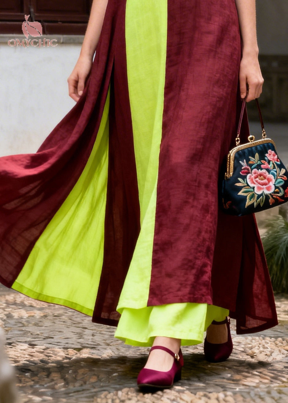 Asymmetrical Patchwork Frog Button Cotton Maxi Dress 4
