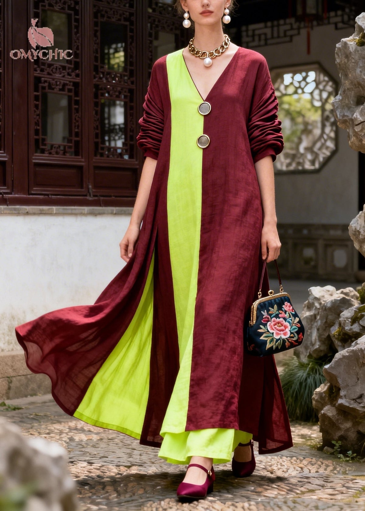 Asymmetrical Patchwork Frog Button Cotton Maxi Dress 5