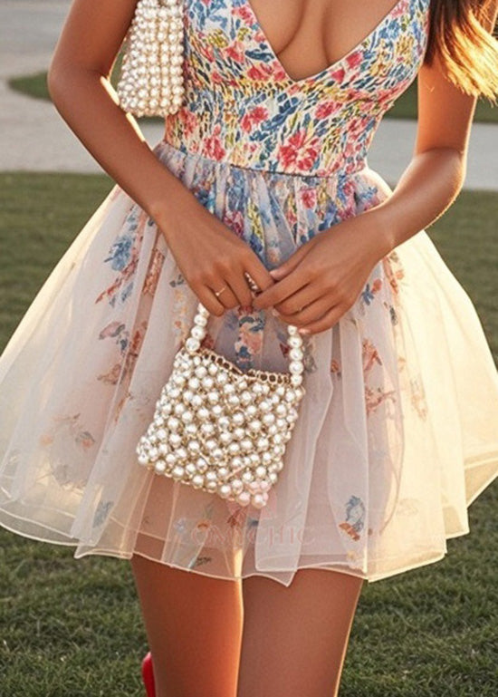 Deep V-Neck Spaghetti Strap Floral Print Tulle Overlay Flared Mini Dress 4