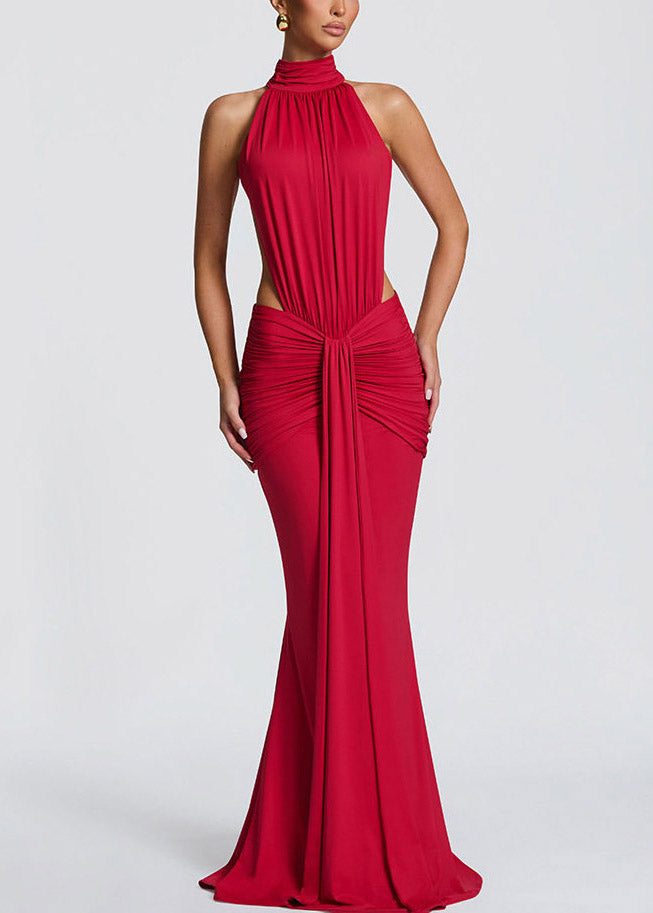 Halter Mock Neck Side Cutout Ruched Waist Mermaid Train Maxi Dress 2