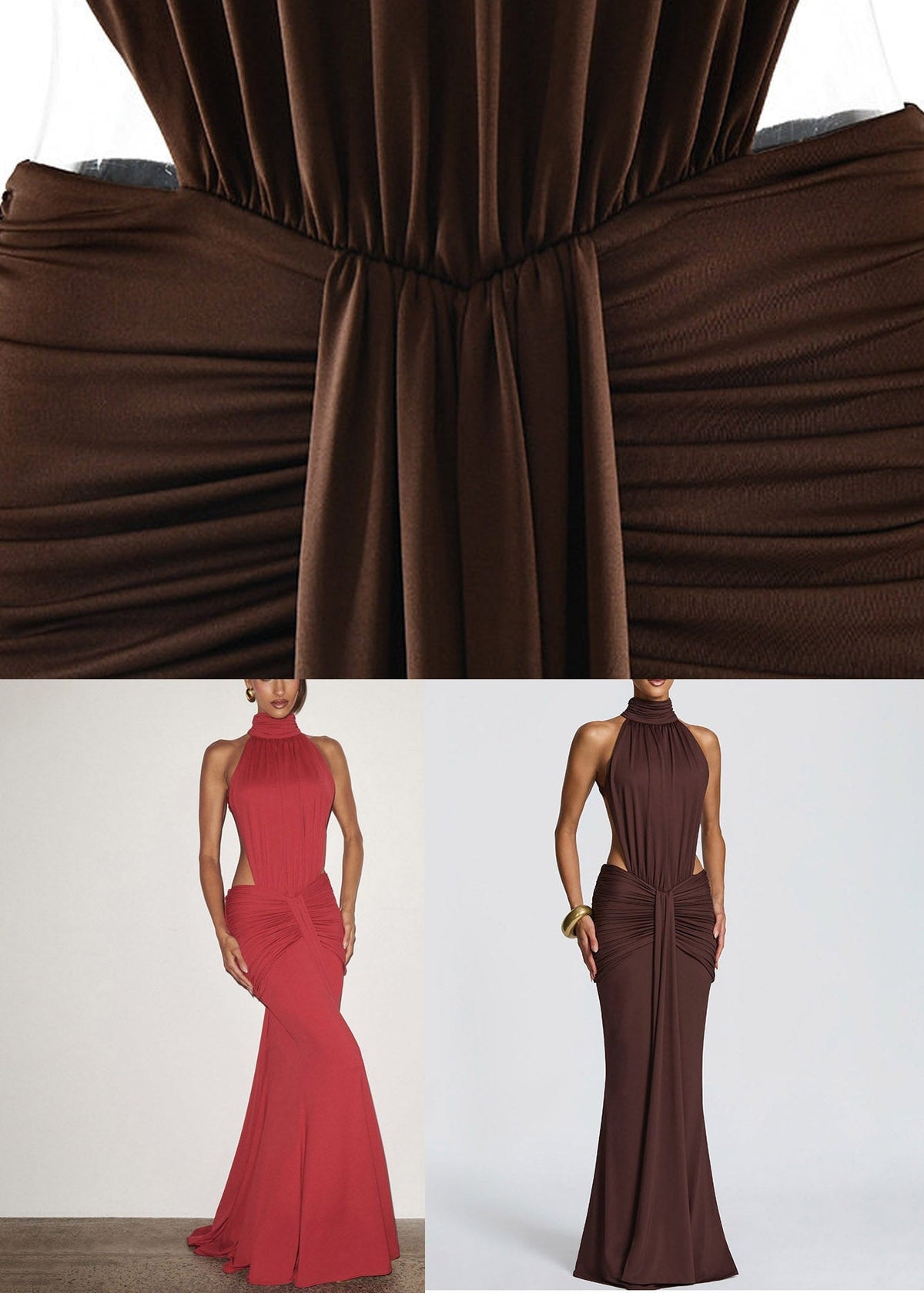 Halter Mock Neck Side Cutout Ruched Waist Mermaid Train Maxi Dress 5