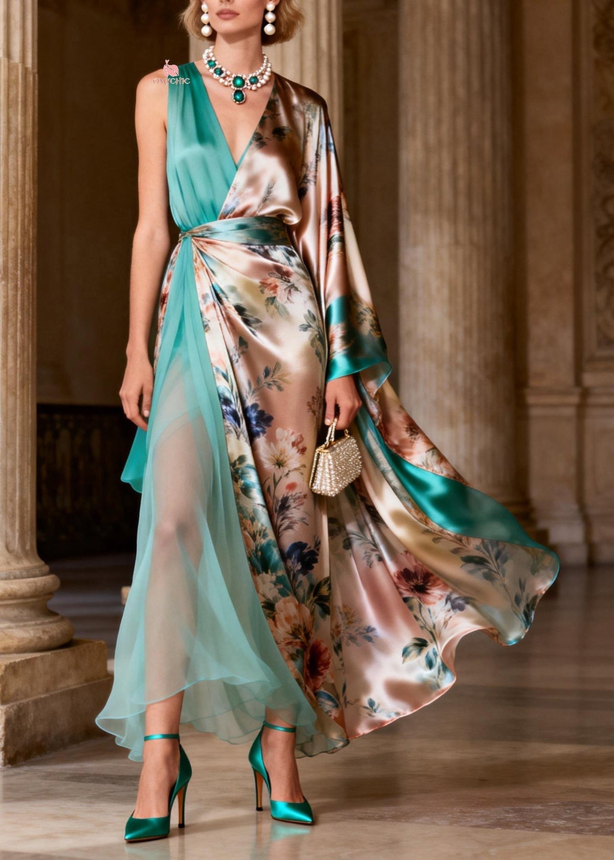 One Shoulder Cape Sleeve Floral Satin High Slit Maxi Gown 3