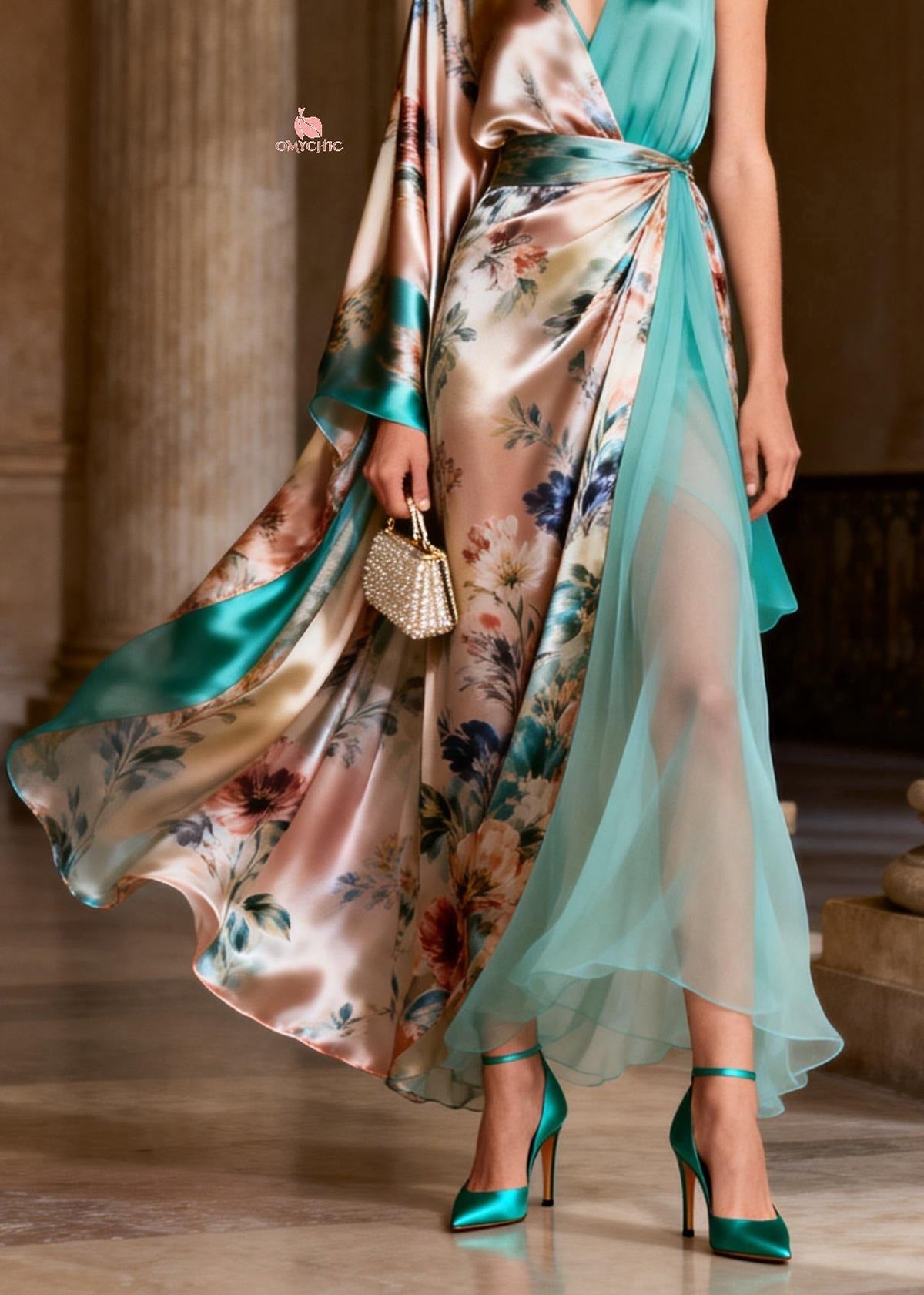 One Shoulder Cape Sleeve Floral Satin High Slit Maxi Gown 4