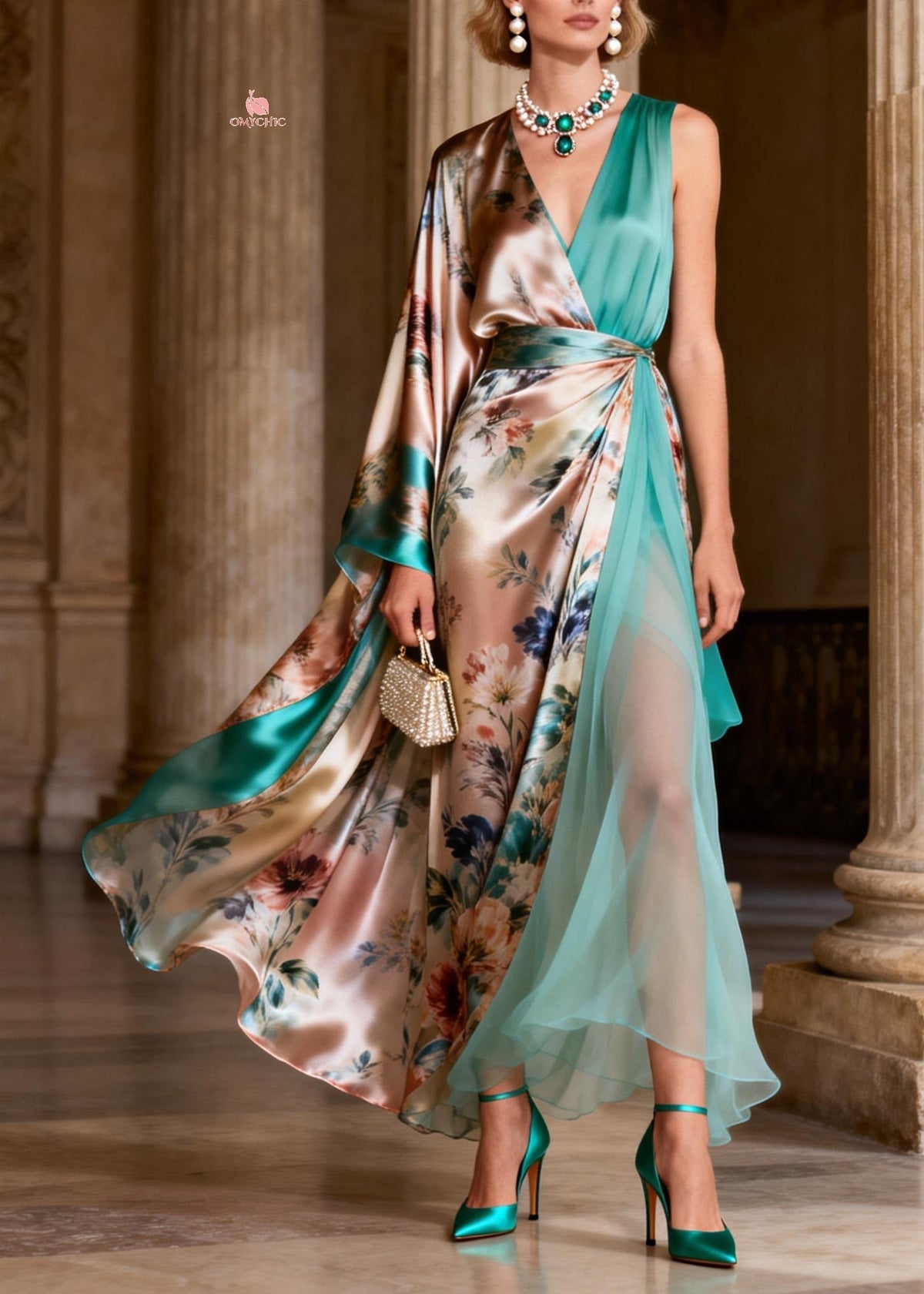 One Shoulder Cape Sleeve Floral Satin High Slit Maxi Gown 5