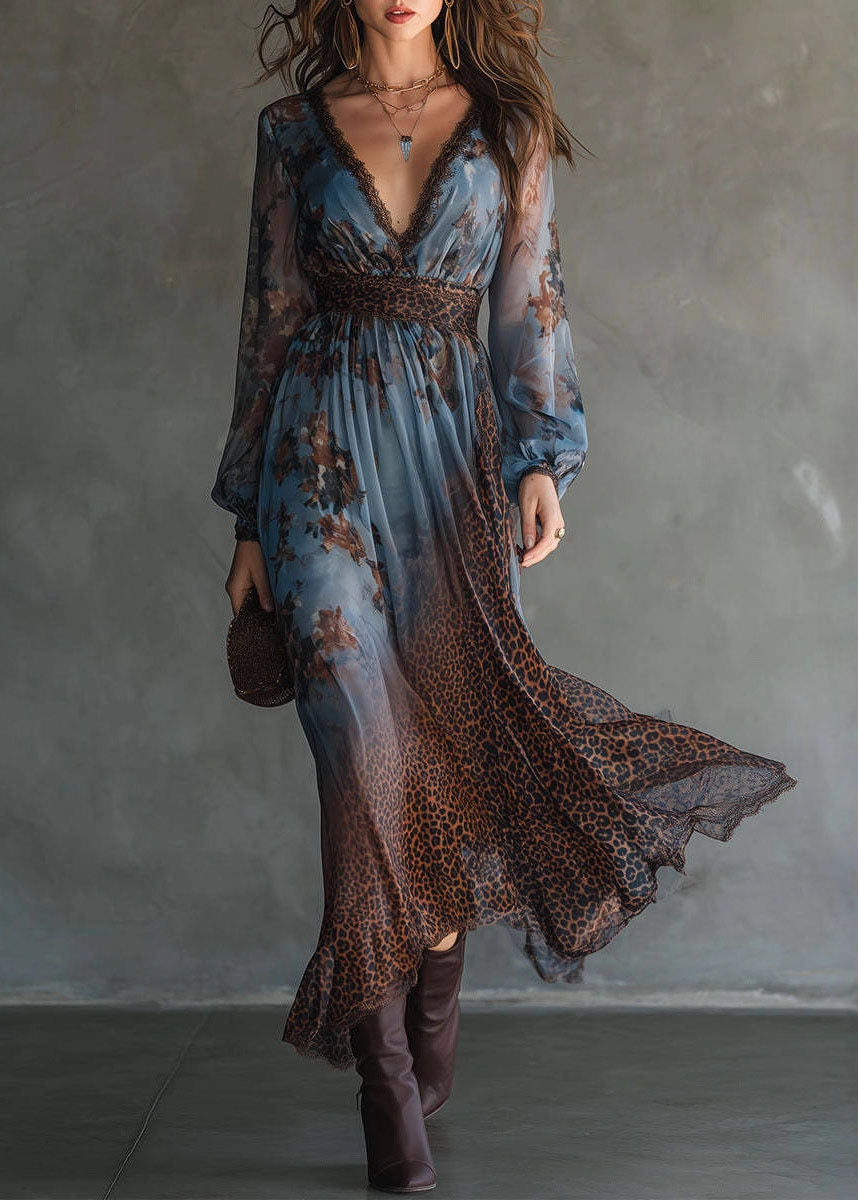 Deep V-Neck Lace Trim Bishop Sleeve Wildcat Waistband Mixed Print Maxi Dress