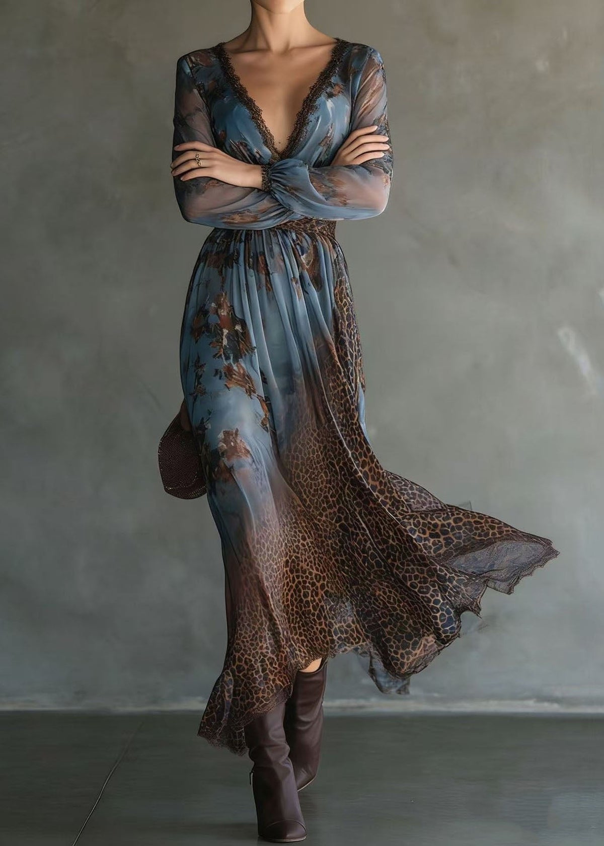 Deep V-Neck Lace Trim Bishop Sleeve Wildcat Waistband Mixed Print Maxi Dress 2
