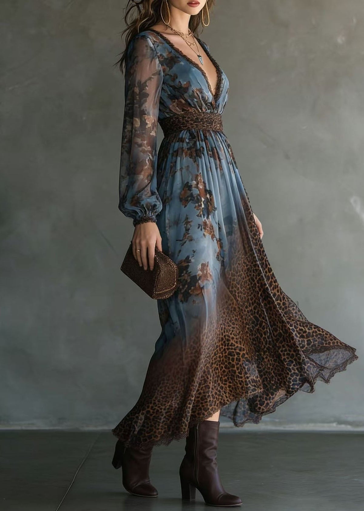 Deep V-Neck Lace Trim Bishop Sleeve Wildcat Waistband Mixed Print Maxi Dress 3