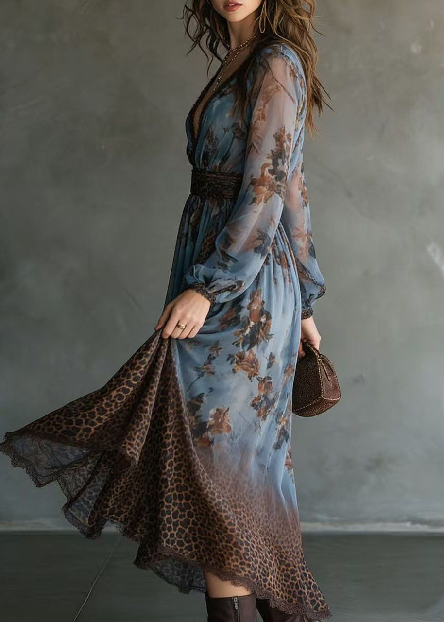 Deep V-Neck Lace Trim Bishop Sleeve Wildcat Waistband Mixed Print Maxi Dress 4