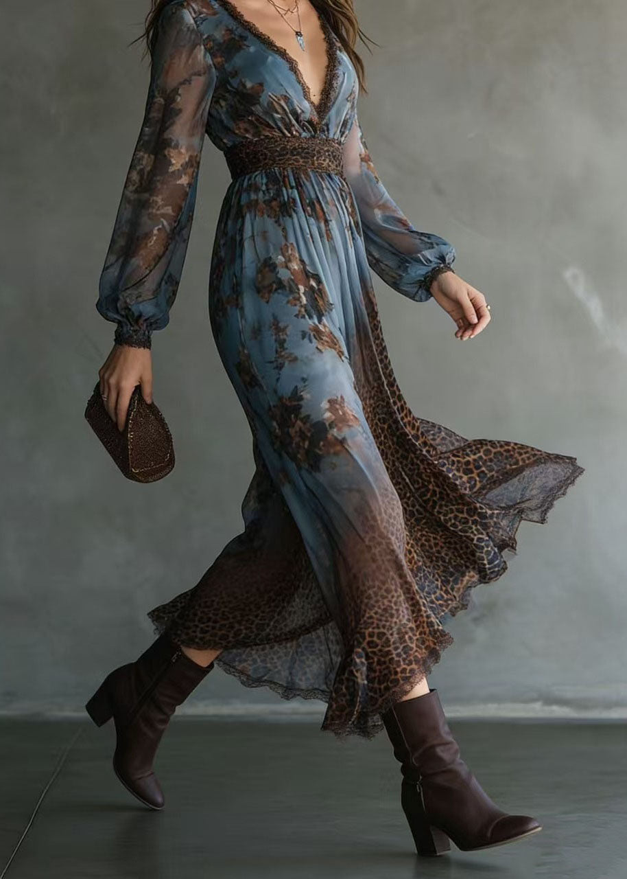 Deep V-Neck Lace Trim Bishop Sleeve Wildcat Waistband Mixed Print Maxi Dress 5