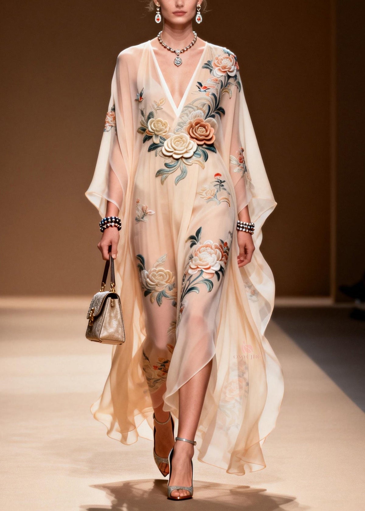 Deep V-Neck Wide Sleeve 3D Floral Bird Embroidery Sheer Chiffon Kaftan Maxi Dress 5