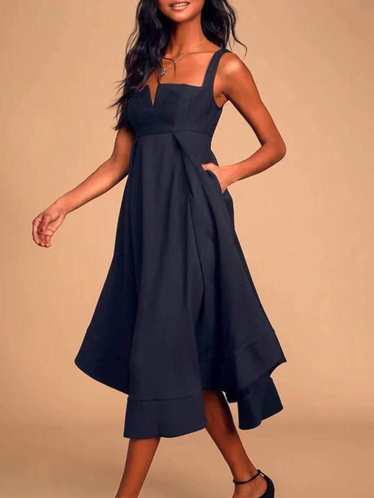 Square Neck Cut Out Wide Strap Tiered Handkerchief Hem Empire Waist Midi Dress 2