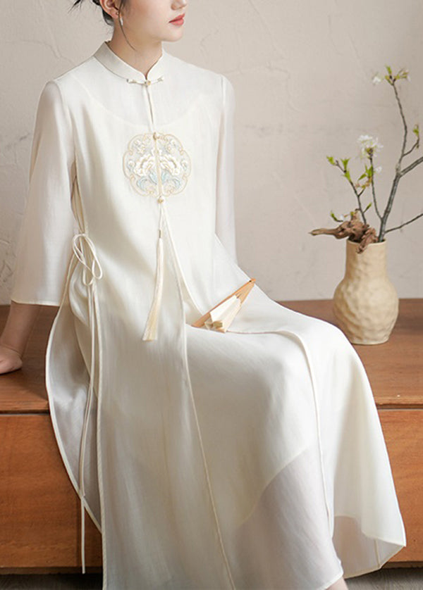 Mandarin Collar Embroidered Floral Tassel Lace Up Maxi Dress
