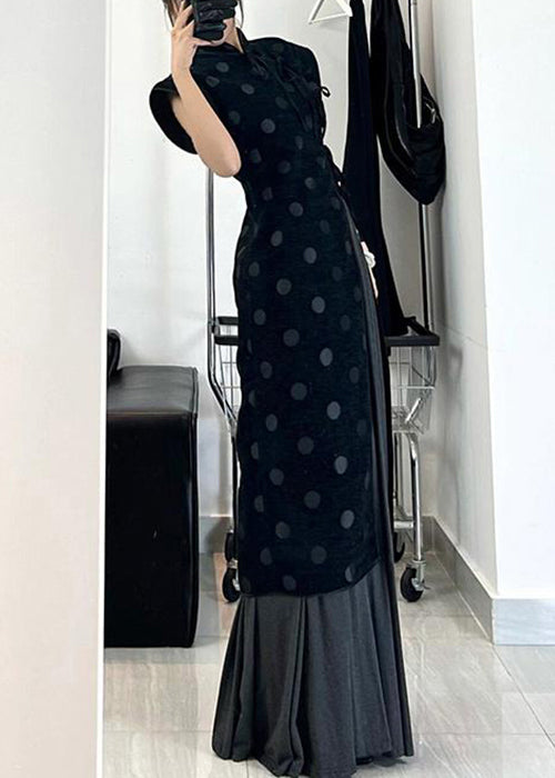 Mandarin Collar Polka Dot Asymmetrical Pleated Skirt Set 4