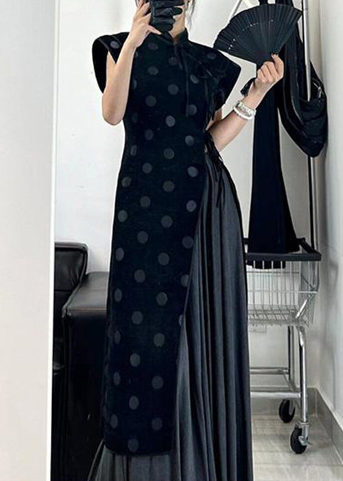 Mandarin Collar Polka Dot Asymmetrical Pleated Skirt Set 5