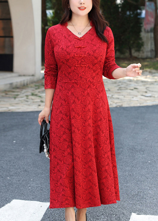 Deep V-Neck Frog Button Embroidered Panel Satin Maxi Dress 3