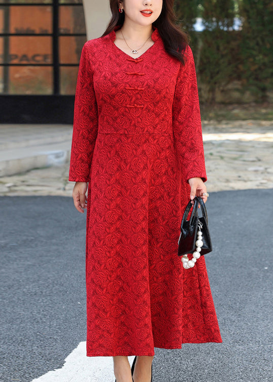 Deep V-Neck Frog Button Embroidered Panel Satin Maxi Dress 4