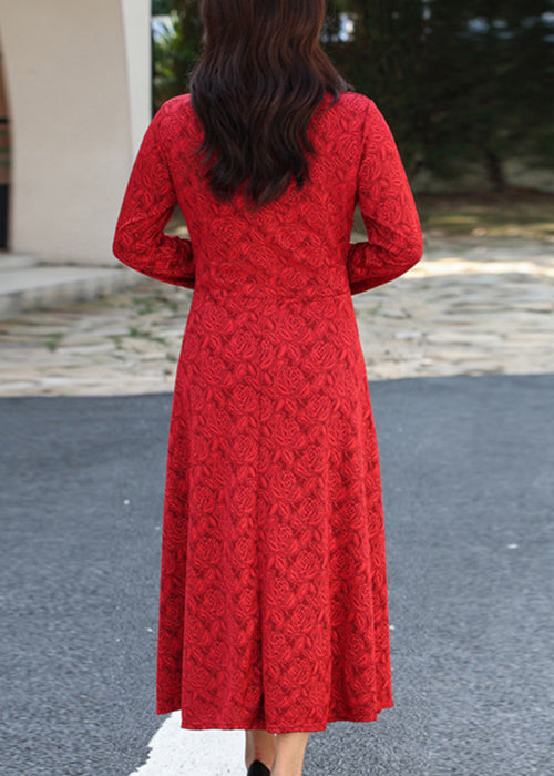 Deep V-Neck Frog Button Embroidered Panel Satin Maxi Dress 5