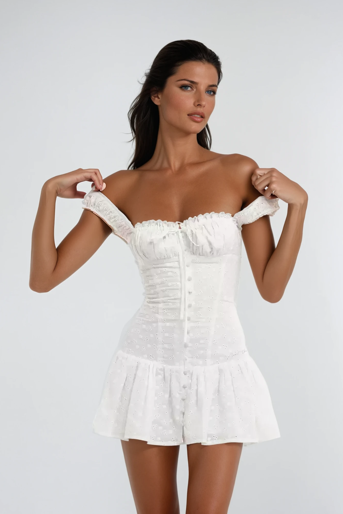 Off Shoulder Eyelet Lace Corset Button Front Ruffle Mini Dress 2