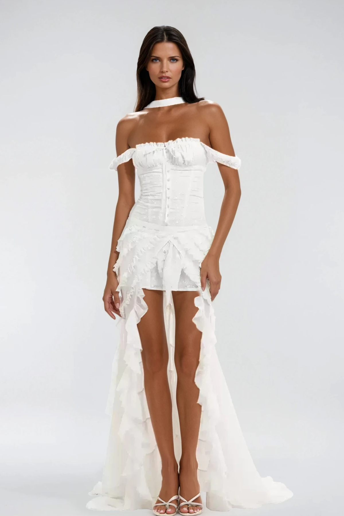 Off Shoulder Eyelet Lace Corset Button Front Ruffle Mini Dress 4